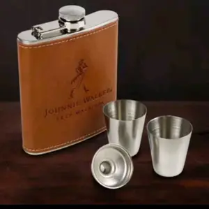 Stainless steel 7oz Premium lether johny walker hip flask set cup box exlusive
