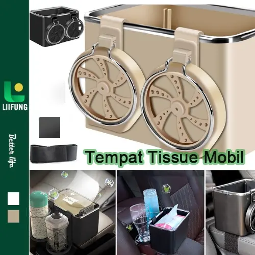 Tempat Tissue Mobil Serbaguna Kotak Penyimpanan Botol Minum Multifungsi Dengan 2 Cup Holder Car