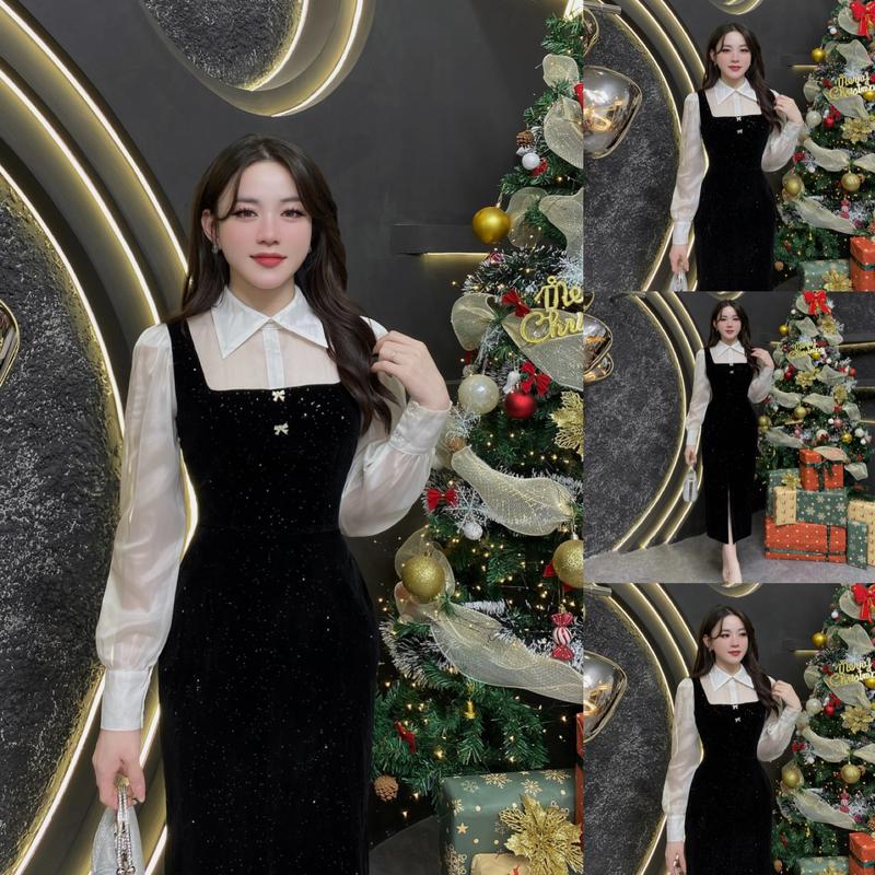 VK29 - Váy Nhung thiết kế Evii dành cho nữ Đầm Nhung kim tuyến thiết kế cổ bẻ phối tơ tặng kèm 2 nơ cài dáng bút chì xuông có xẻ trước phù hợp đi làm đi chơi và đi dự tiệc. Có Bigsize Women Dress