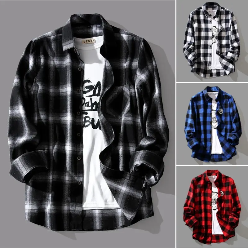 Kemeja kotak-kotak lelaki, baju perniagaan panjang, longgar, fesyen Korea