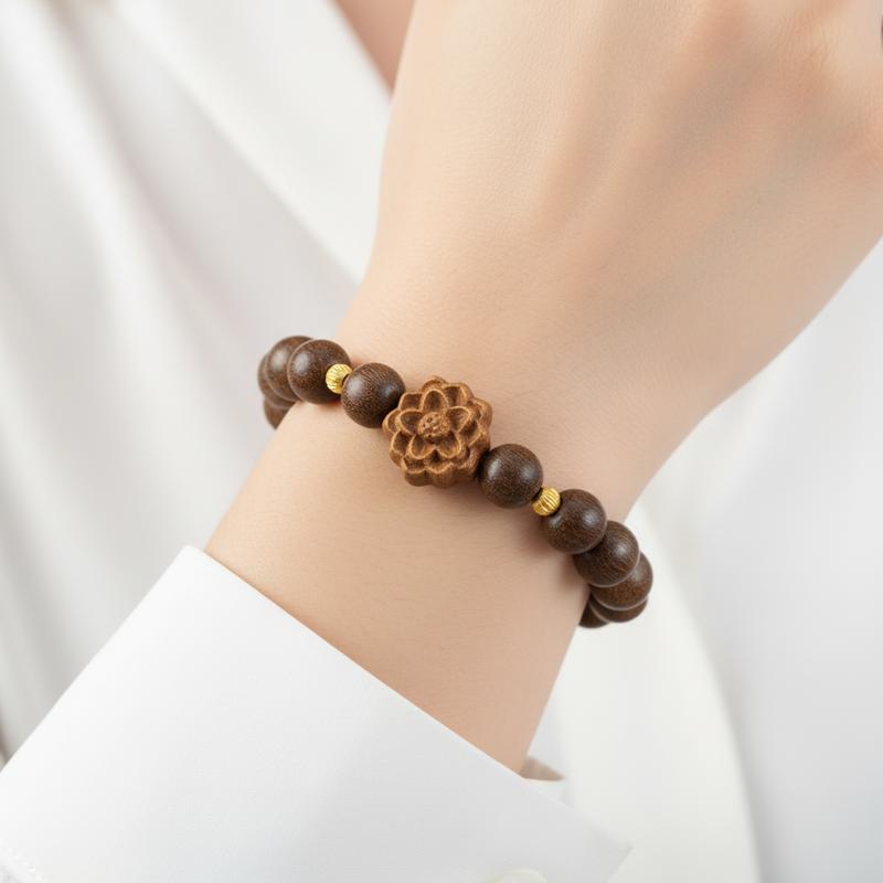 Vòng Tay Trầm Hương Đơn Mix Hoa Sen - Có Mùi Thơm Dịu Nhẹ - Trầm Hương Tốc Vườn - Trầm Hương Nhà Tiến