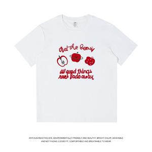 英語のリンゴ柄プリント婦人用半袖Tシャツ、ラウンドネック、ゆったり、純綿カジュアルトップス、ラウンドネック、ショルダーベルト、ゆったりシルエット、通気性、肩落ちデザインプリントTシャツ夏のゆったりタイプ