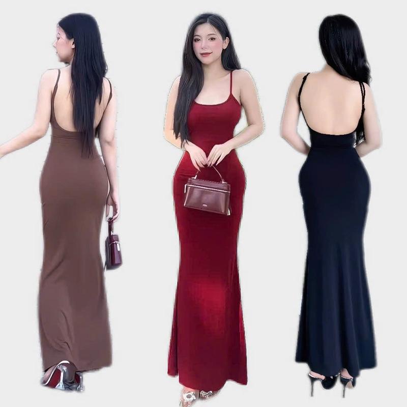 D3- đầm body đuôi cá hở lưng có mút có tăng đưa vải thun larong mền mịn co dãn freesize dáng dài