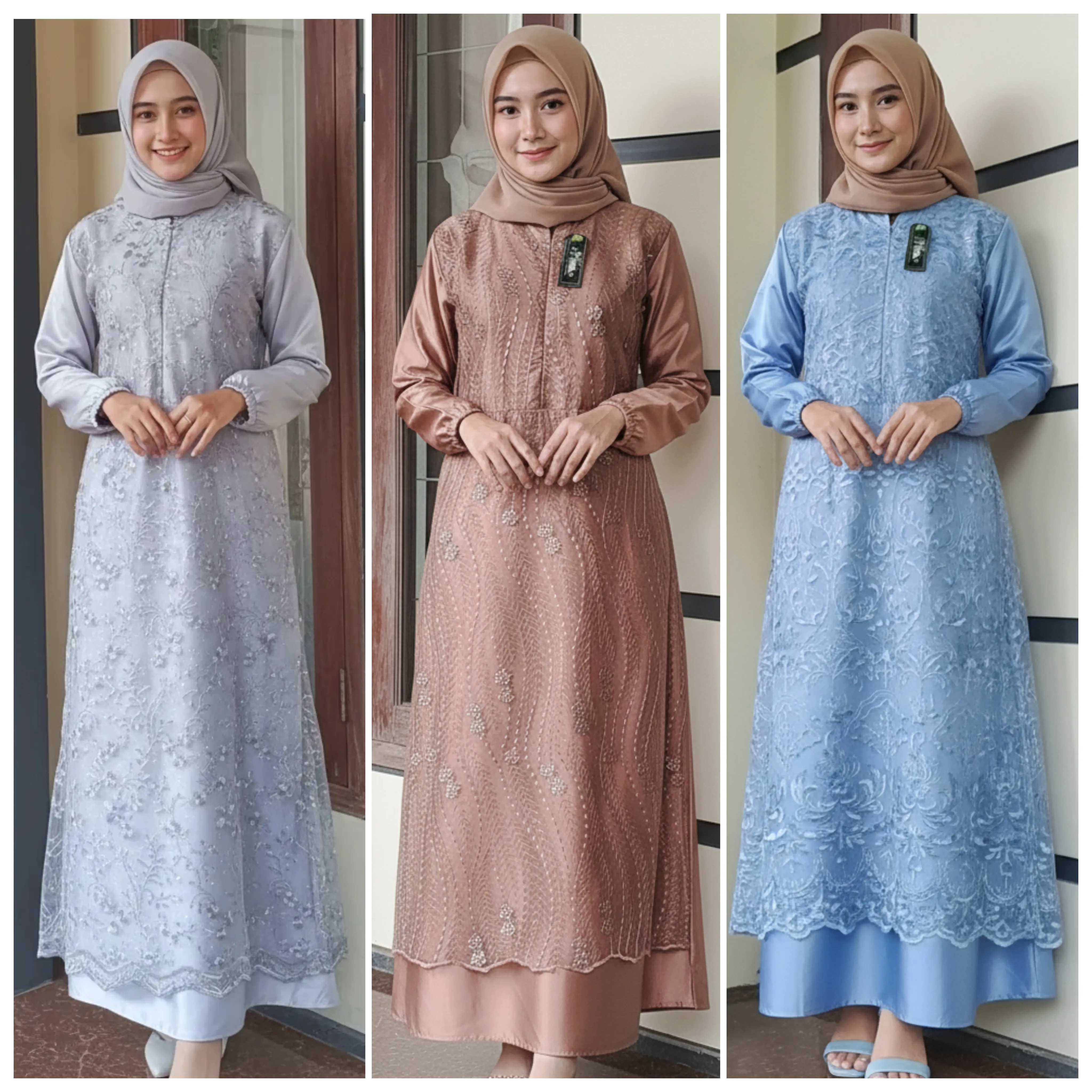 RFV007 Gamis Wanita Brokat Tile Mutiara Elegan gaun kain mewah Kerah pesta Motif Panjang Muslim Kondangan