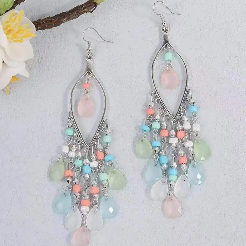 Anting-anting panjang gaya Siberia dengan batu akik warna-warni 2