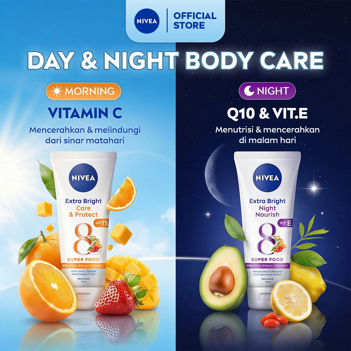 NIVEA Body Serum Extra Bright Day & Night - NIVEA Body Serum Extra Bright Care & Protect SPF 15 180ml & NIVEA Body Serum Extra Bright Night Nourish Vit E 180ml - Handbody serum siang & malam, mencerahkan kulit, glowing brightening cream.