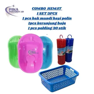 Paket Hemat Bayi Anda - Bak Mandi Bayi Polin, Keranjang Pakaian, & Folding Buatan - Warna Merah Biru Hijau - Kualitas Terjamin - Promo Murah