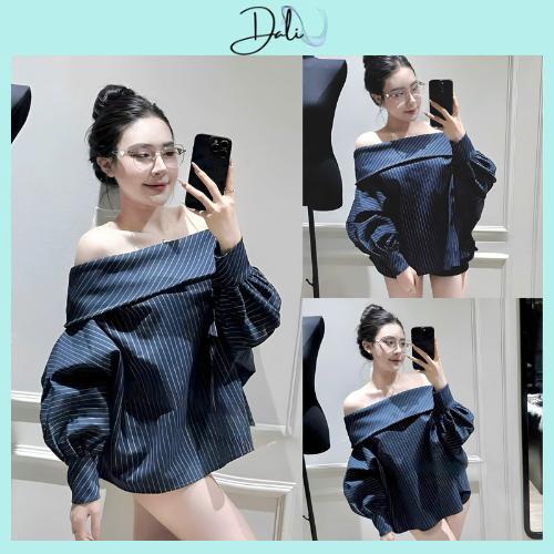 Áo Sơ Mi Trễ Vai Kẻ Xanh Than Tay Bồng Fom Rộng Sang Chảnh