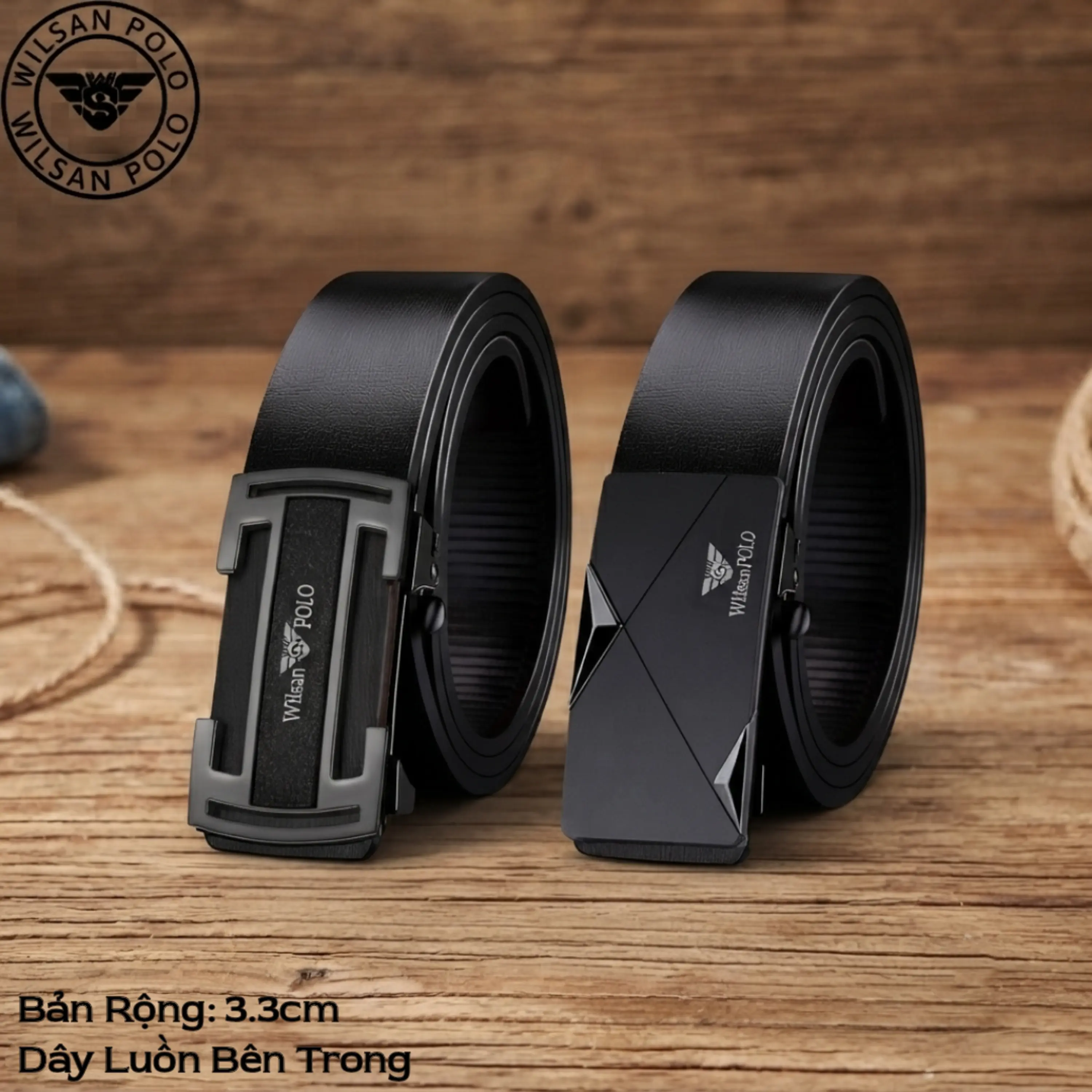 WilsanPolo Thắt Lưng Nam WS002 Dây Da PU Cao Cấp Bản Rộng 3.3cm Khóa Tự Động Hợp Kim Phong Cách Thời Trang Golden Gun Silver