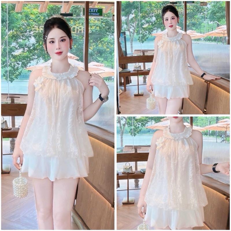   KÈM HOA  Set Áo Cổ Yếm Bèo Nhún Mix Chân Váy Bí - Thời Trang Nữ 