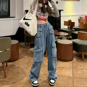 Ashkara Jeans - Celana Cargo Jeans Wanita Highwaist Loost Pants Premium - Cargo Jeans Viral   saku banyak - Cargo Korean Style FUJi Baggy