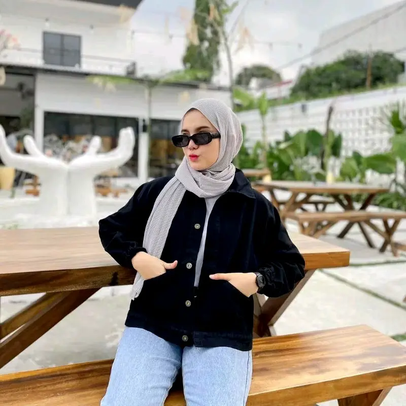 Jaket Jeans Vintage Oversize Jacket Jins Wanita Denim Panjang lengan Balon Kekinian Korean style Kancing Outer Atasan Kantong 3