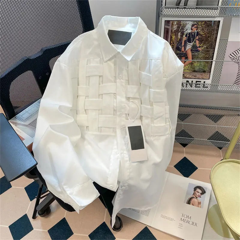 Women white woven shirt high quality comfortable new loose chic design sense deli long sleeve top