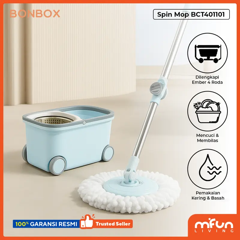 BONBOX Alat Pel Lantai 2 in 1 Kain Fiber dengan 4 Roda Ember Spin Mop Mencuci dan Membilas Alat Pembersih Lantai BCT401101