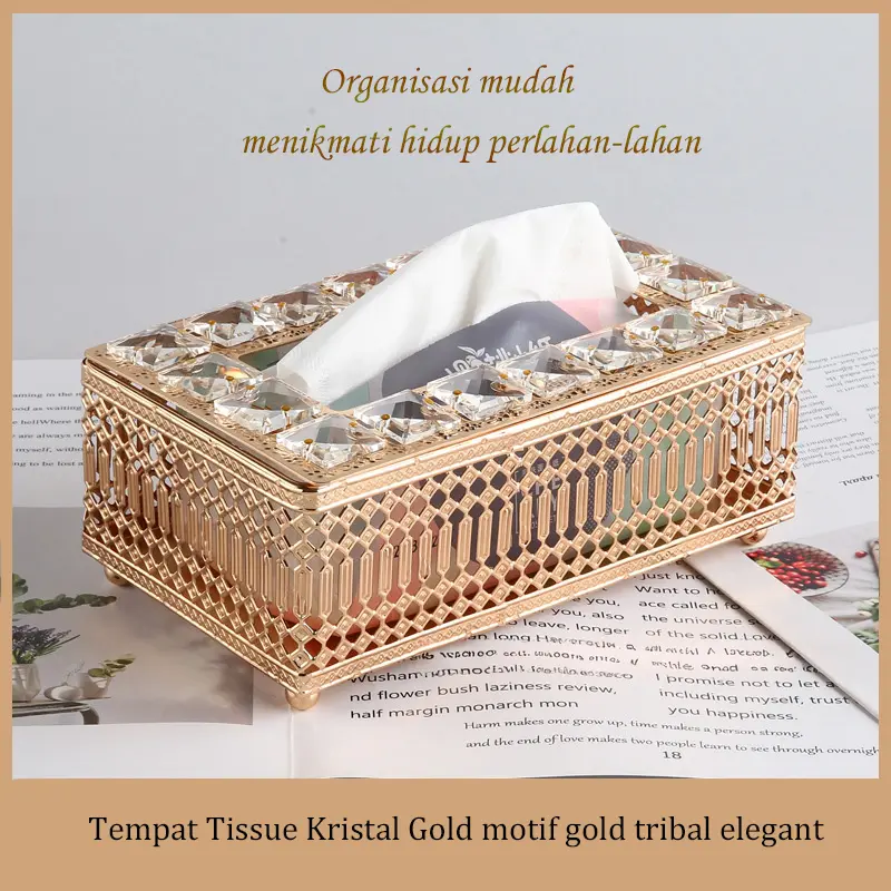 Tempat Tissue Makeup Emas Besi Tempat Tissue Ornamen Dekoratif Kotak Tisu Mewah Elegan Tempat Tisue Kristal Kotak Emas Kristal Motif Garis-garis Horizontal Elegant KOTAK TISU MEWAH TEMPAT
