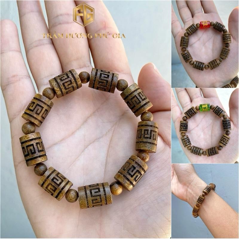 Vòng trầm hương phong thuỷ Phú Gia đeo bình an khắc chữ vạn trầm tốc vườn loại 1 mix đá vạn sự bình an