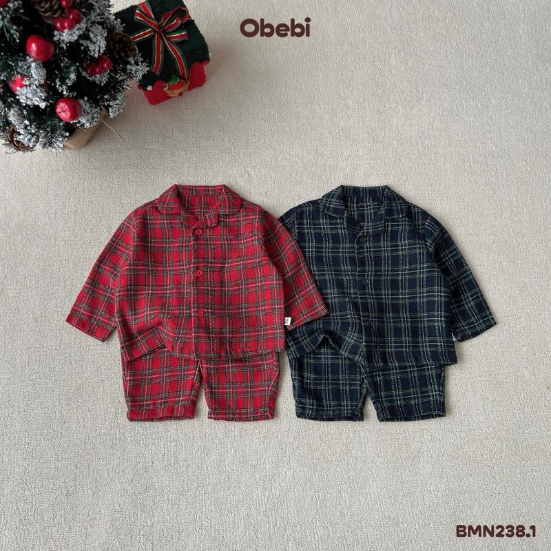 BMN238.1 Bộ Mặc Nhà Pijama Họa Tiết Kẻ Thời Trang Thu Đông Cho Bé Trai Bé Gái Obebi