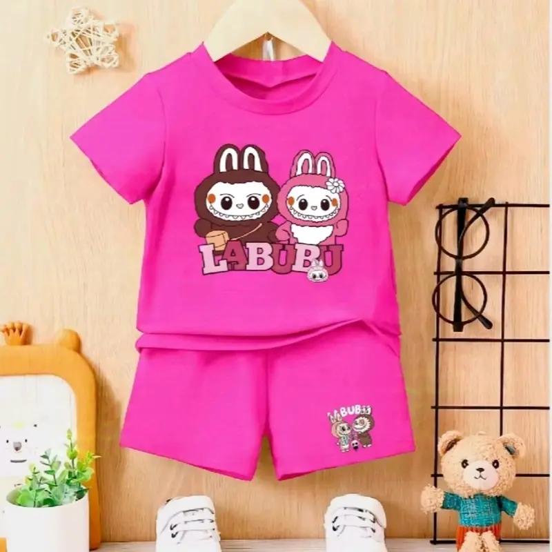 Setelan kaos anak labubu usia 1-8 tahun Katun Perempuan Parsel 5