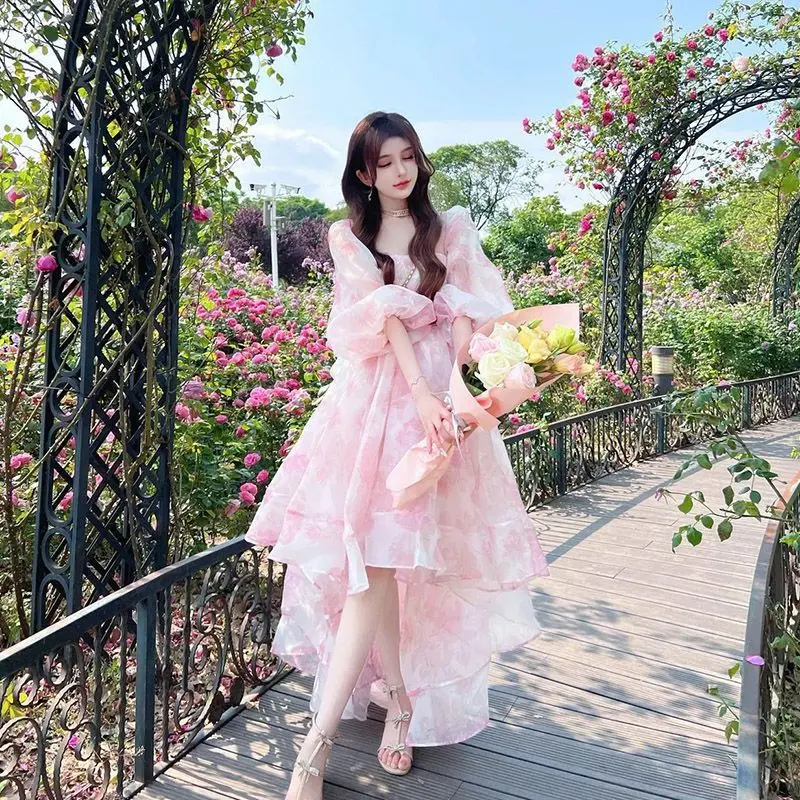 Summer Floral High Quality Fairy Pink Dress Formal Long Dress Gown HT