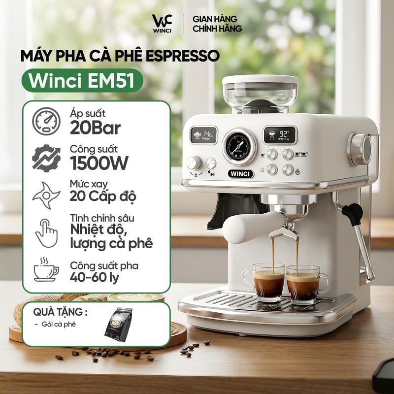 - Máy pha cà phê Winci EM51 | tích hợp xay, tay cầm 51mm, áp suất 20Bar, công suất 1500W, dung tích 1,8 lít, bảo hành 1 năm