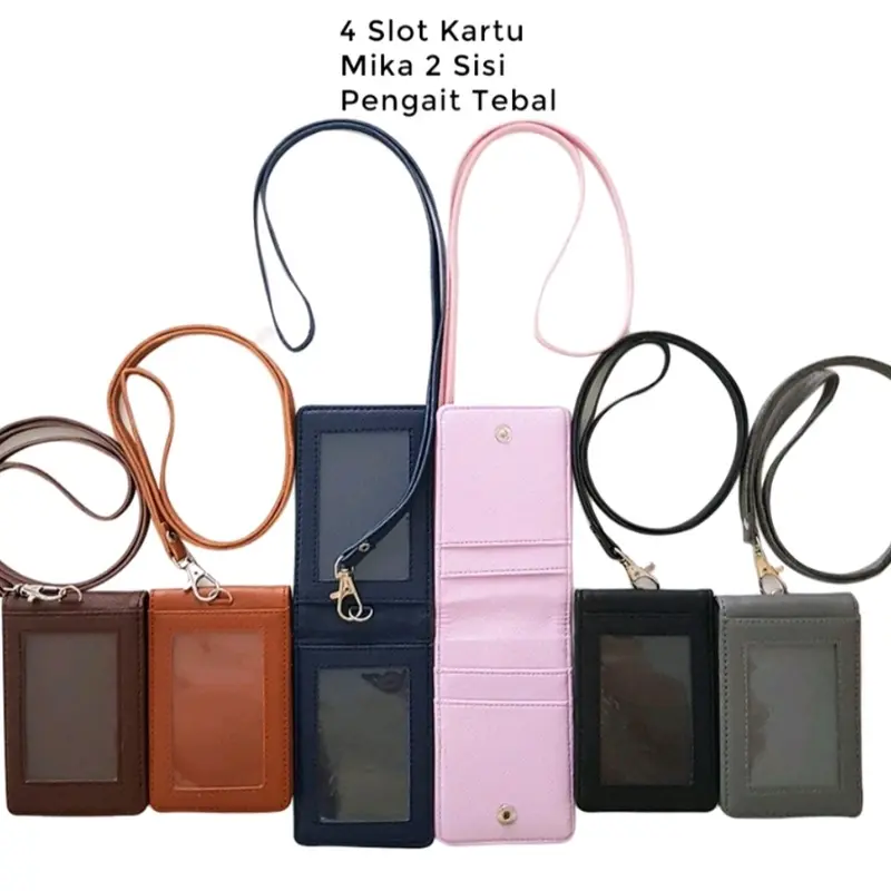 ID Card Holder Harper Lanyard Name Tag Kulit Dua Sisi Bolak Balik Mika Kancing 0