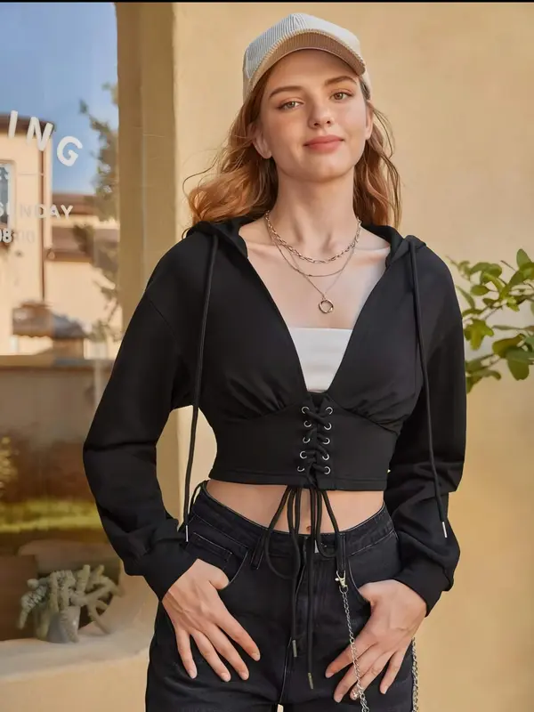 Sweater Crop Polos Basic Wanita - Hitam, Panjang - Dewasa, Serut Depan Padat Masakini Terbaru - Oversize, Lembut, Crewneck, Fleece Sweatshirt Nyaman 6