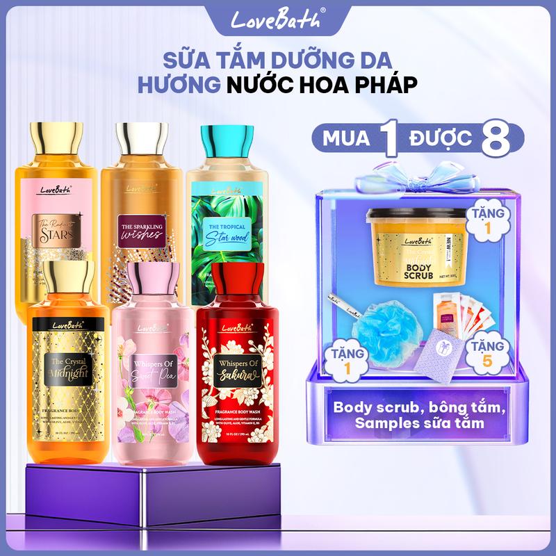 Hộp Sữa Tắm Hương Nước Hoa Pháp 295ml Chiết xuất từ dầu Olive {Quà tặng bông tắm & 5 gói sữa tắm 12ml & Tẩy tế bào chết 300gr} | Lovebath Việt Nam