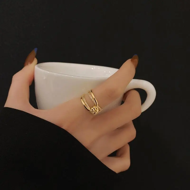 Cincin Jari Telunjuk Zirkonia Bertatahkan Emas Cincin Wanita Logam Multi Lapisan Terbuka Aksesoris Rings Berlian Y618 3