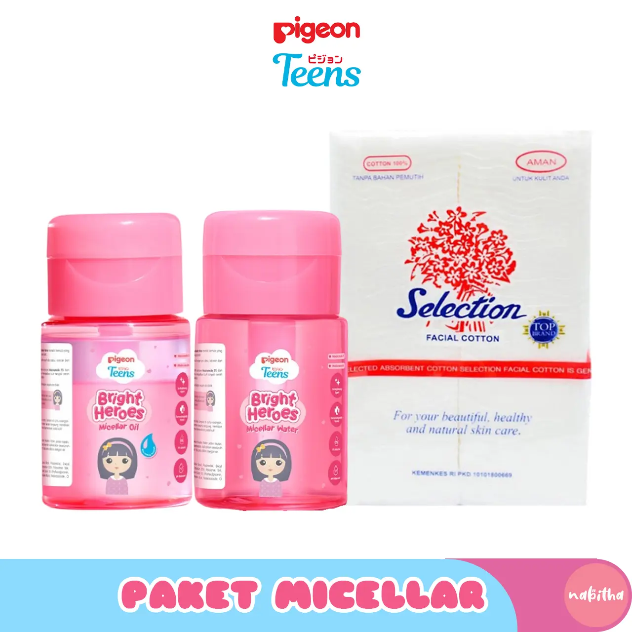 PIGEON TEENS Paket Bright Heroes Micellar Water Oil 100ml Kapas Kecantikan