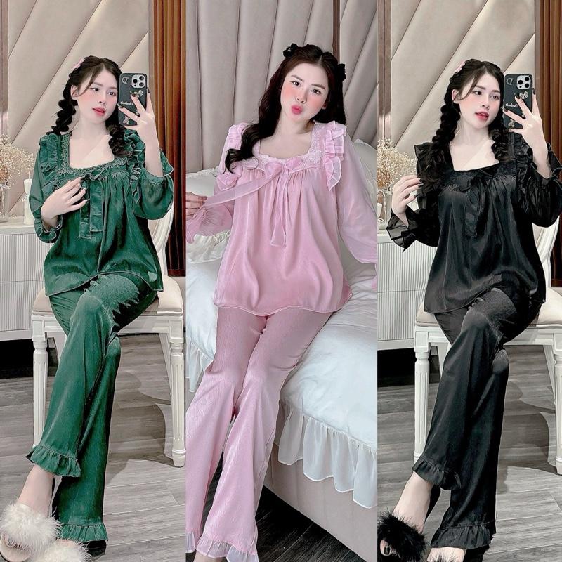 Bộ Đồ Ngủ JUSOKA Pijama Nữ Phối Voan Lụa Gấm Xước Ánh Kim Tiểu Thư DD54 - Mặc Ở Nhà, Đi Ngủ - Cao Cấp, Thoải Mái, Sang Trọng