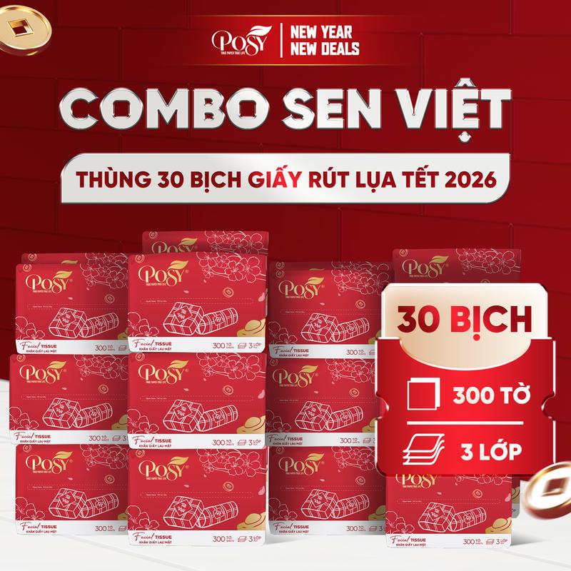 POSY - LIVE Thùng 30 gói Khăn rút Sen Việt Phiên Bản Tết 2026 300 tờ 3 lớp Posy mềm mịn dịu nhẹ nhỏ gọn tiết kiệm giấy ăn rút đa năng