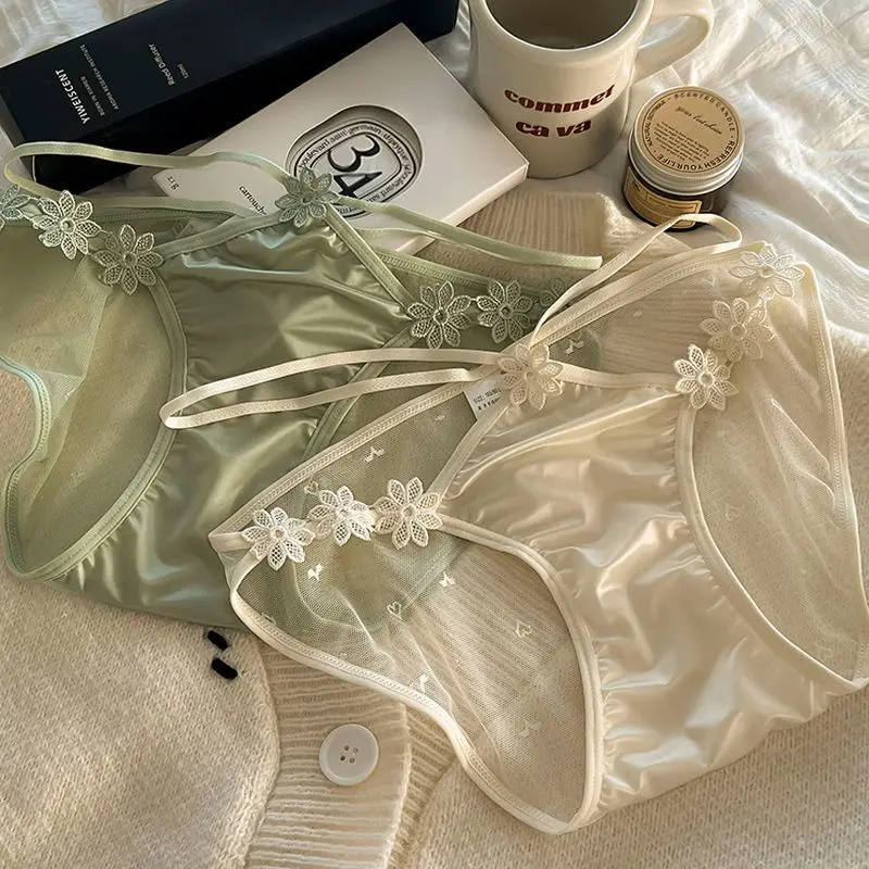 French Sexy Pure Lust Satin Lace Underwear Mesh Low Waist Hollow out Thin Ribbon Triangle Pants