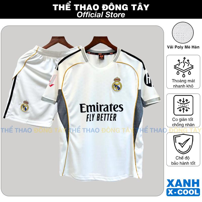 Bộ Quần Áo Bóng Đá, Đồ Đá Banh Real Trắng 2025 2026 - Vải Thun Mè Hàn X-Cool Cao Cấp Thoáng Mát, Logo Thêu - Thể Thao Đông Tây