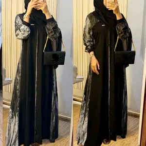 Faradina Exclusive Selina Dress Gamis Abaya Kombinasi Motif Terbaru Mewah Elegan Premium Ibu Muslim Wanita Dewasa Hitam Lebaran Gaun