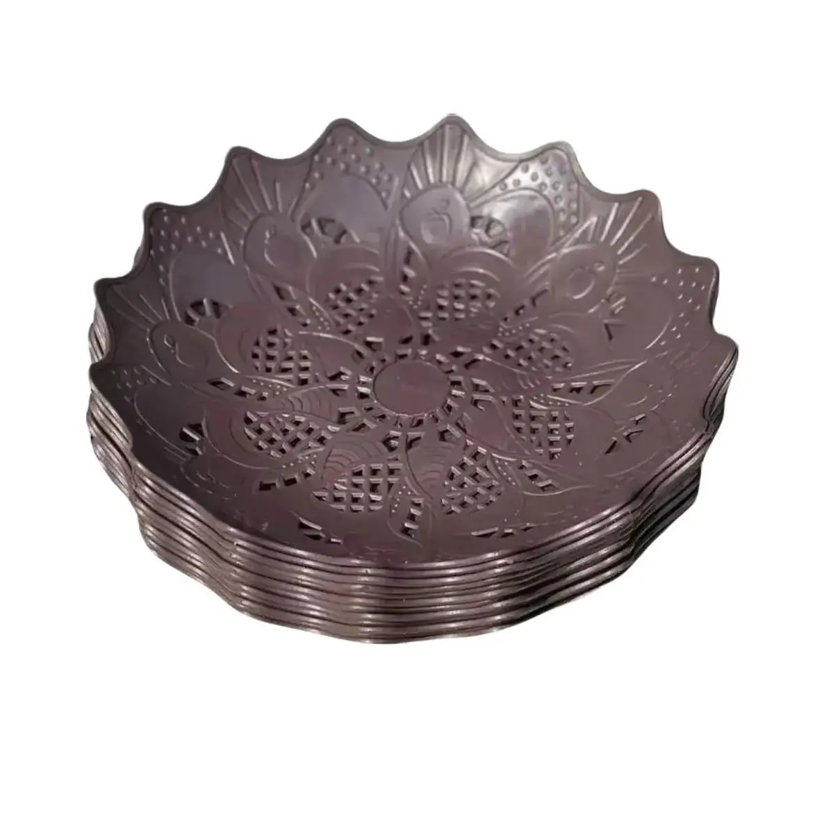 Piring Buah Plastik Rotan Cekung Ukuran 24 cm - Bahan Plastik Pilihan, Motif Anyaman Rotan Khas - Coklat, Kelapa