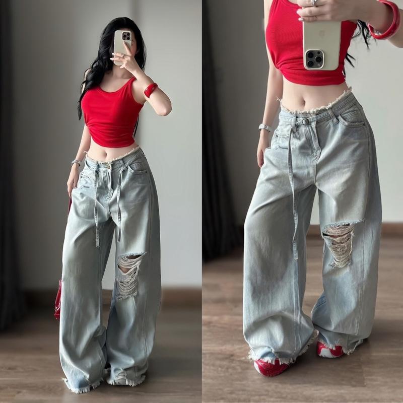 Quần jeans nữ vai Qc phối rách lai tua kèm dây lưng Q1599
