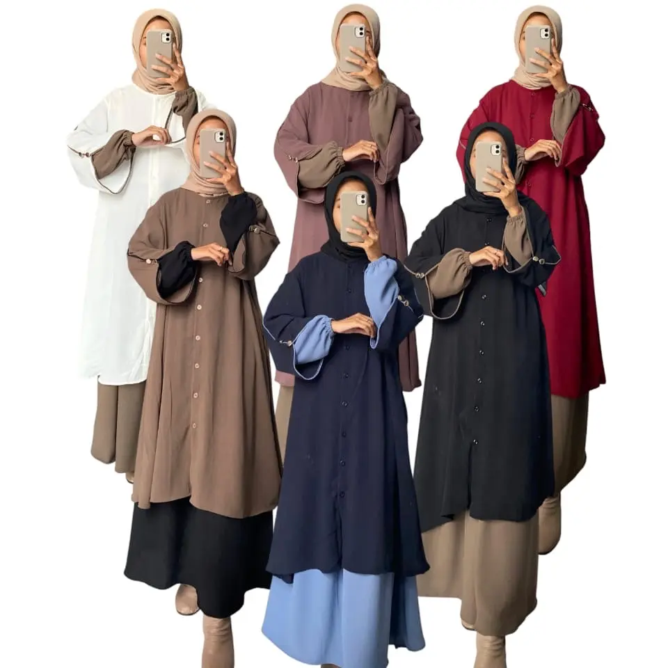 ￼Setelan Rok Tunik Kombi Malay Cringkel Airflow Polos Wanita Muslim Elegend Kekinian Terbaru 2024 gamisabaya