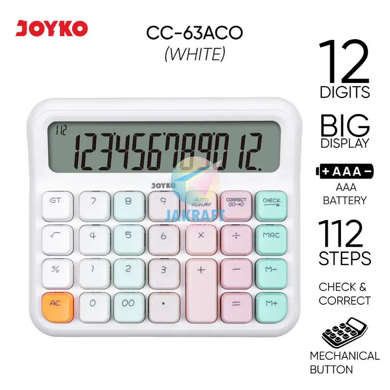 (1 Pcs) Kalkulator Pastel JOYKO CC-63ACO Calculator 12 Digits Big Dispay Check Correct 112 Steps AAA Battery Mechanical Marshmallow Button 6