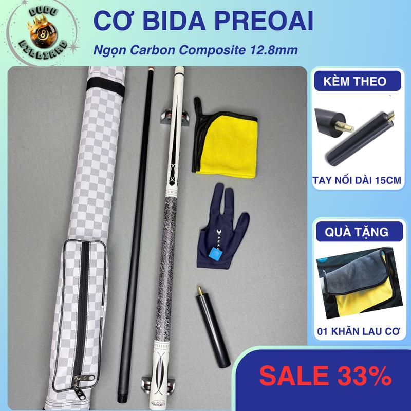  Cơ bida Full Carbon Composite PREOAI. Cơ bida Lip Lỗ 3C tặng kèm  tay nối dài 15cm 