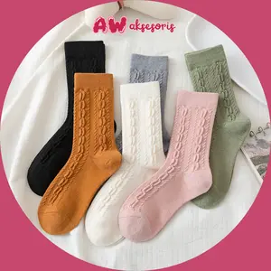 AW KK514 Kaos Kaki Wanita Solid Color Twist Lolita Women Socks Bahan Adem