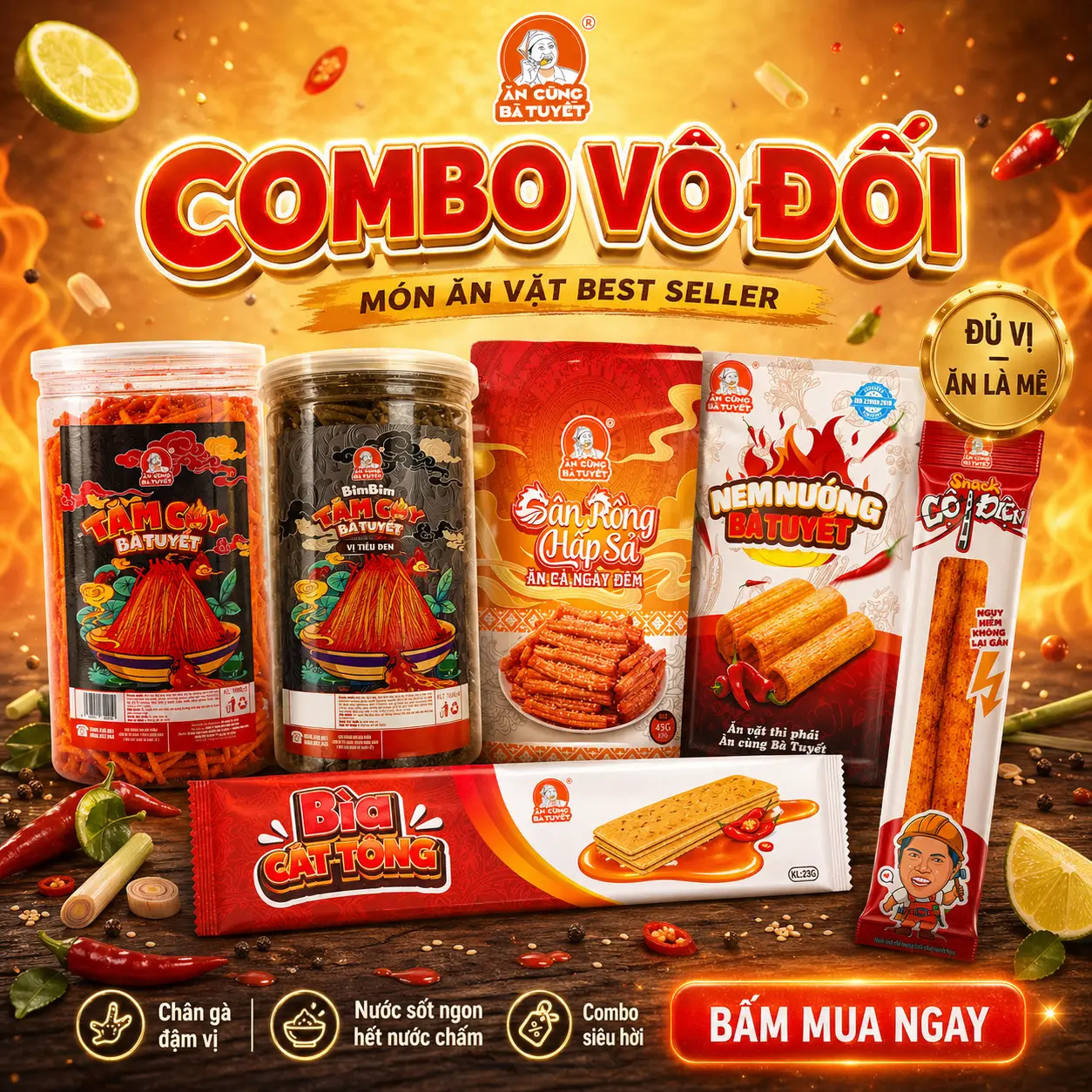 (NGÀY 1/7 - 31/7, MỖI NGÀY NHẬN 1 NHẪN TRONG 1000 ĐƠN) Combo VÔ ĐỐI gồm: 2 hũ snack tăm cay đỏ đen + 6 nem + 3 cột điện + 3 bìa cát tông + 1 gân rồng  - ĂN CÙNG BÀ TUYẾT M15