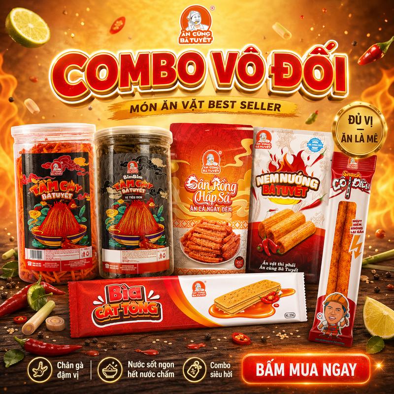 (NGÀY 1/5 - 31/5, MỖI NGÀY NHẬN 1 NHẪN TRONG 1000 ĐƠN) Combo VÔ ĐỐI gồm: 2 hũ snack tăm cay đỏ đen + 6 nem + 3 cột điện + 3 bìa cát tông + 1