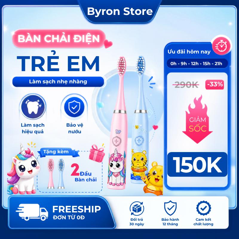 Bàn Chải Điện Trẻ Em Sóng Âm 36000 Lần/Phút IPX7 – 5 Chế Độ Tùy Chọn, Lông Mềm Mịn, Giúp Bé Đánh Răng Sạch Sâu & Bảo Vệ Nướu