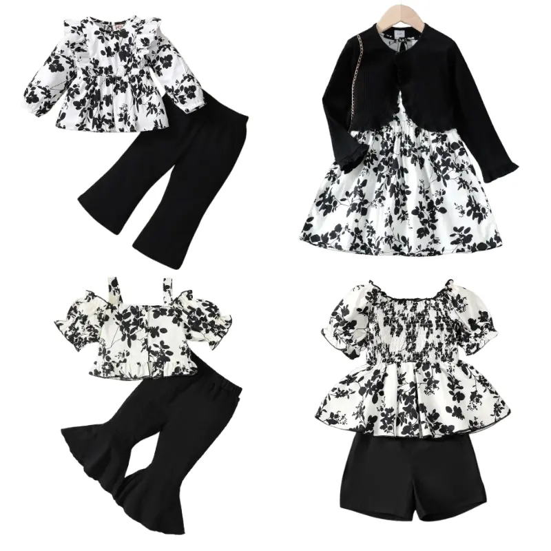 Pakaian Bayi Perempuan, Set 2PCS, Baju Atasan Bunga Lengan Panjang dan Seluar Leher Bulat, Hitam, 22105025