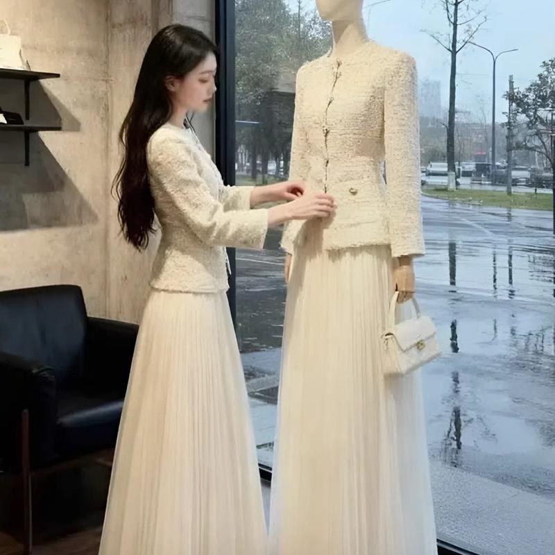 Set Áo Dạ Kim Sa Phối Chân Váy Lưới Dáng Dài Tiểu Thư Sang Chảnh