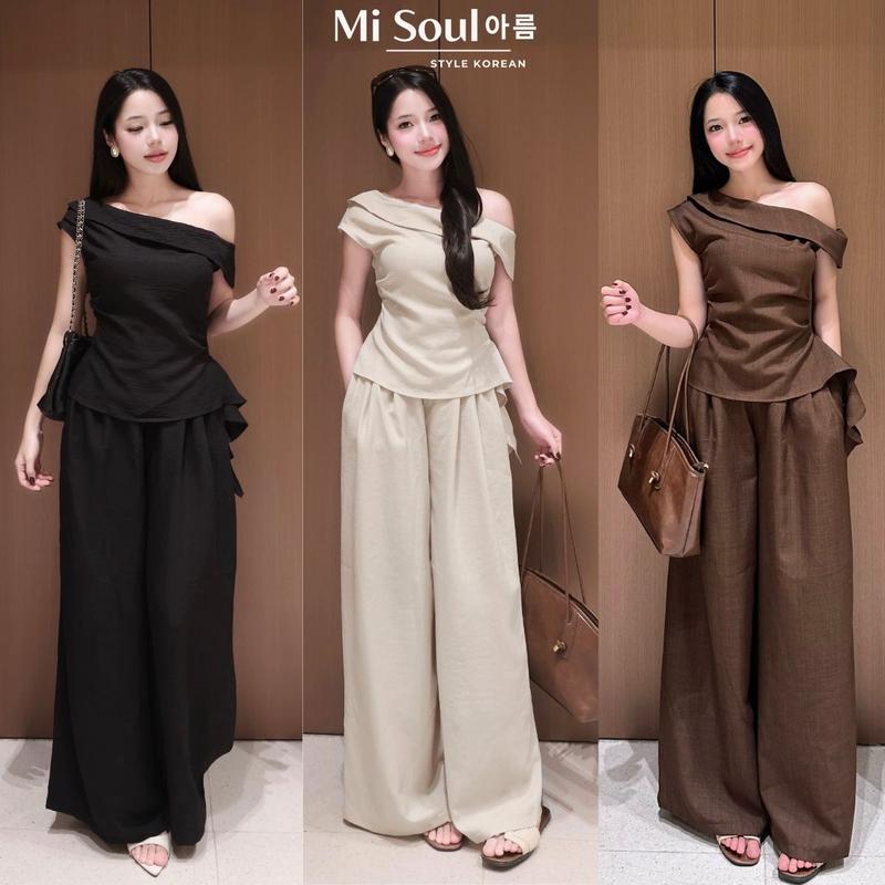[GIẢM 20%] Set Áo Lệch Vai Gấu Bèo Kèm Quần Ống Suông, Bộ Linen Thắt Eo Khóa Sườn Quần Ống Rộng MiSoul 591