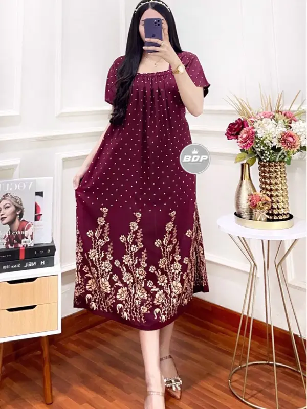 Daster Motif Akar Bunga 3/4 Chibi Elsa - Kain Santung Rayon Tebal - Busui Friendly Karet Wanita Bumil Ibu 4