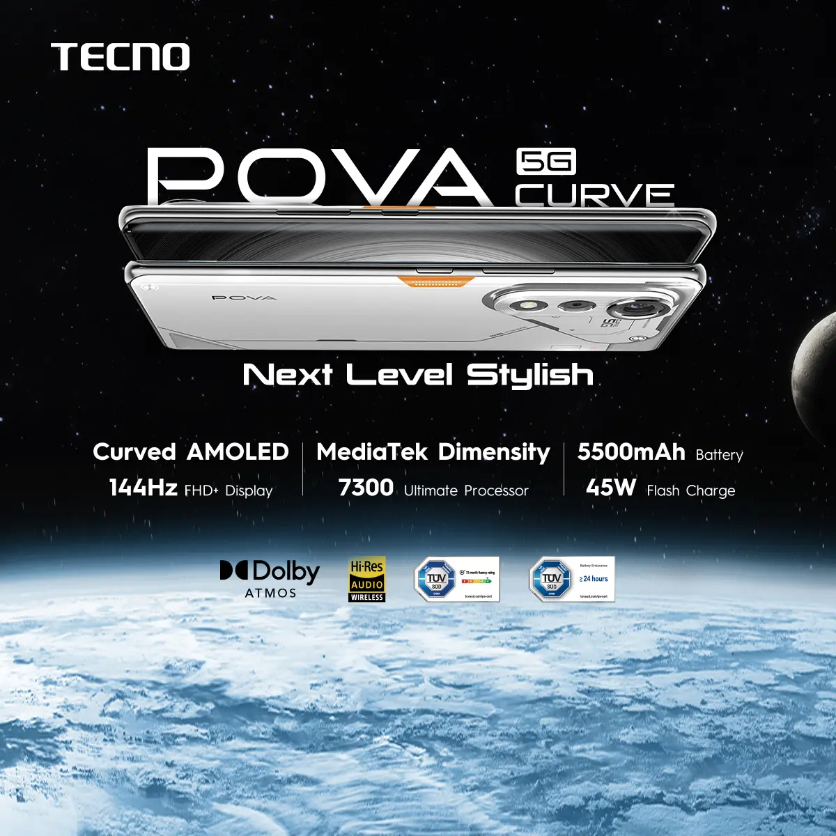 [5G Series] TECNO POVA Curve 5G - 8+8GB*/256GB, 5500mAh + Bypass Charging 2.0 , Mediatek D7300 Ultimate 5G, 6,78" Curved AMOLED Display , 64MP Primary Camera, Android 15 - HiOS 15 - POVACurve