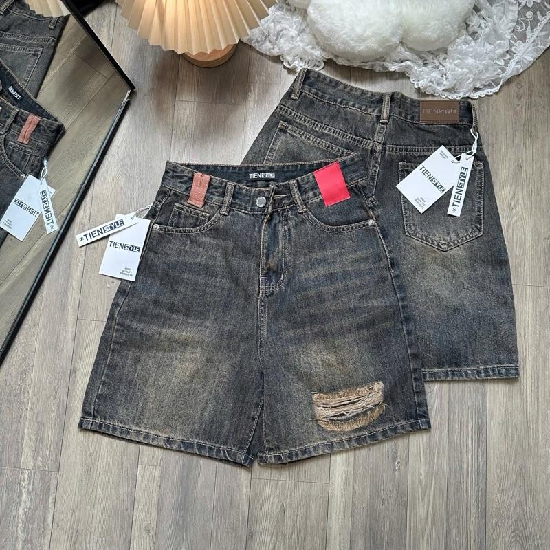 TIENSTYLE - Quần Ngố Jean Mạc Da Lưng Rách 1 Bên Đai Đỏ Quần Jean Nữ Ống Rộng Quần Suông Bigsize Phong Cách Độc Đáo Vải Denim Cotton Không Giãn Chất Lượng Cao