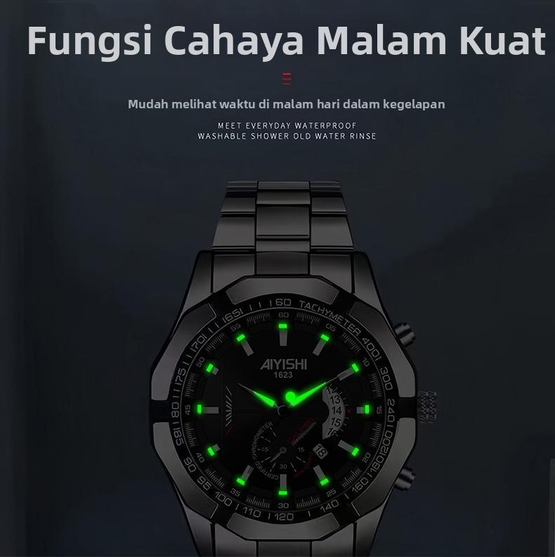 AIYISHI Jam Tangan Pria Mewah & Sporti 1623 Multifungsi Tahan Air 30M Dial Hitam Bodi Stainless Steel Garansi 2 Tahun Kaca Kristal Kuarsa Otomatis